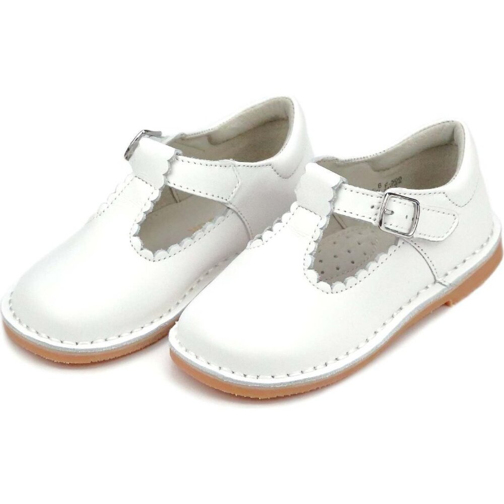 L'Amour Selina Scalloped T-Strap Mary Jane, White, size 7 toddler